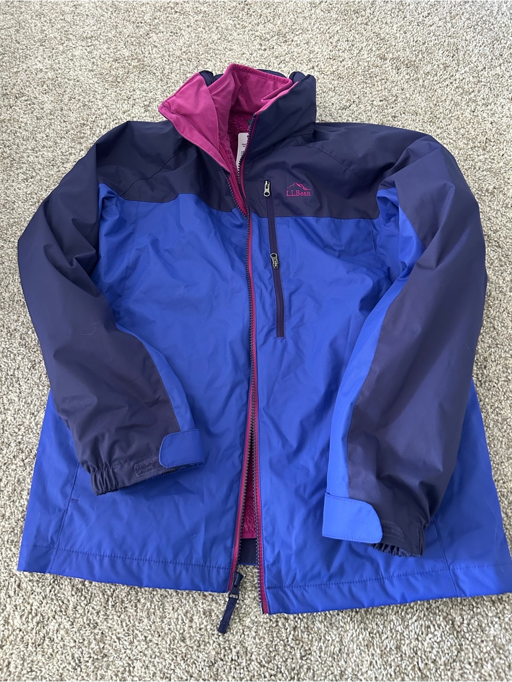 L.L. Bean Girls' Royal Blue & Navy Raincoat with Pink Lining